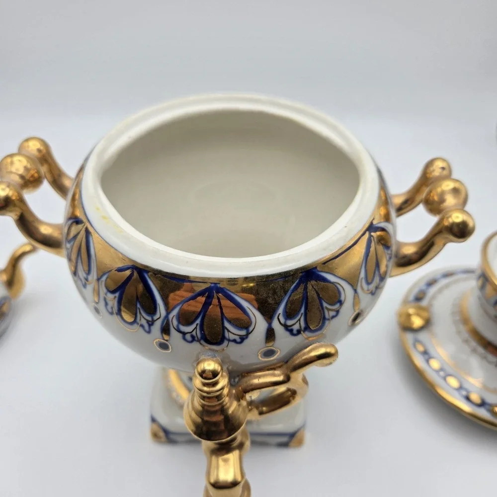 Vintage Russian Gzhel Decorative USSR Porcelain‎ Samovar Teapot Gift Gold Gilt